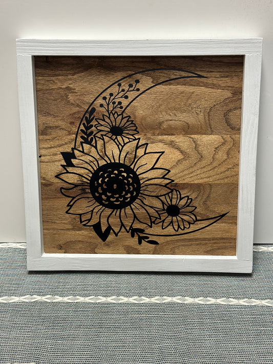 Moon + Sunflower wood sign with frame