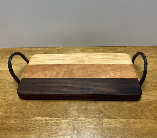 Walnut, cherry, maple stripe tray with hand forged handles