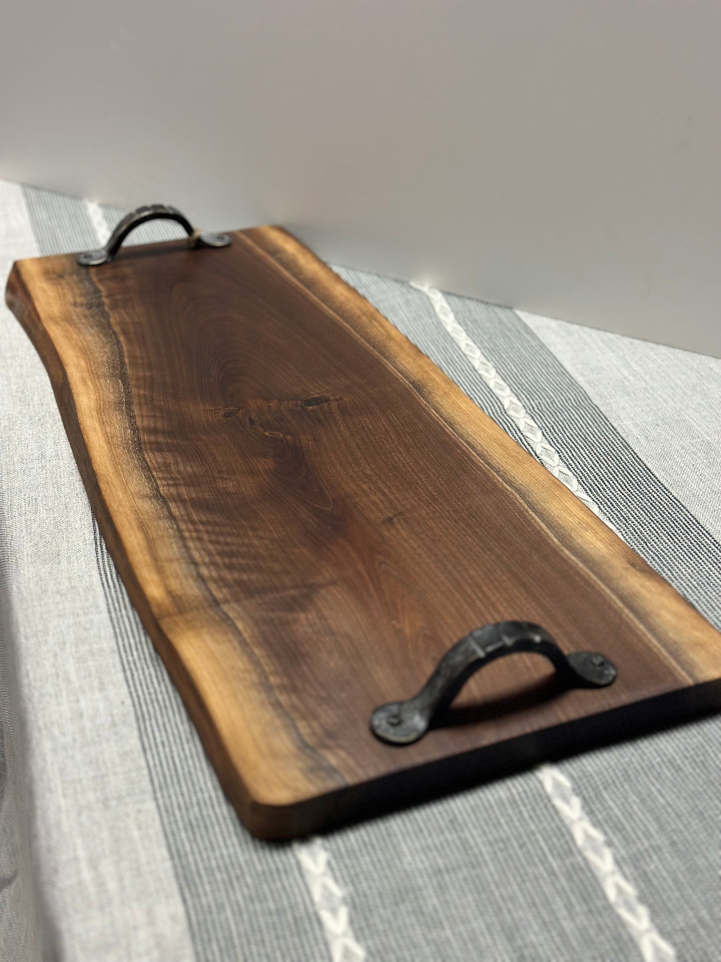 walnut live edge tray with hand forged handles