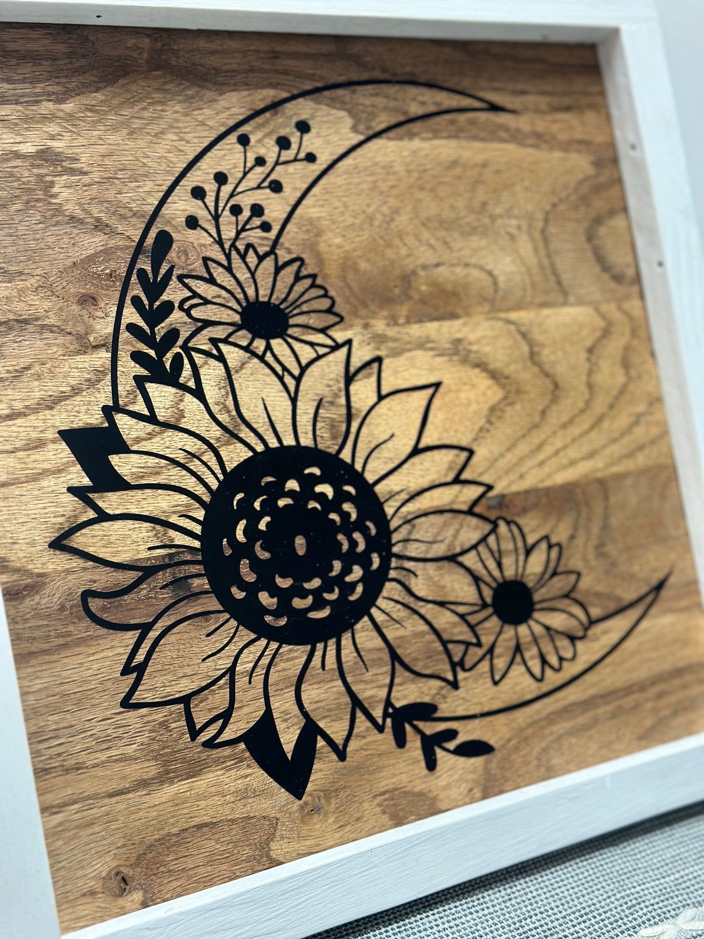 Moon + Sunflower wood sign with frame